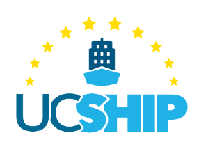 UC SHIP logo - golden halo of stars above a blue hospital building with a light blue medical mask at the bottom of the building